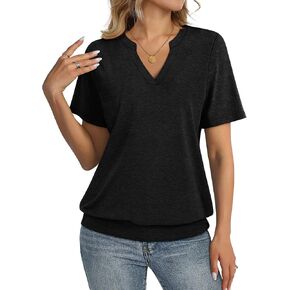 Womens Tops Short Sleeve Banded Bottom Summer Tops V Neck T Shirts Casual Ladies Tees Loose Fit Clothing in Kuwait