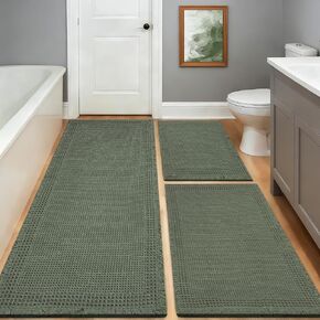 Waffle Bath Mat, Modern Woven Absorbent Non Slip Bathroom Rugs, Machine Washable Bath Rugs, Quick-Drying Bathroom Mats, Boho Tassel Style Suitable For Bathroom Floor, Green, 24"X17"+36"X24"+48"X24" in Saudi Arabia