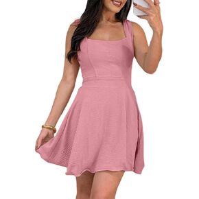 CHICME Women's Sleeveless Square Neck Short Dress Tie Back Fit and Flare Skater Dress with Built-in Shorts in Kuwait