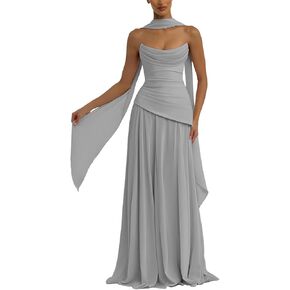 فساتين وصيفة العروس من الشيفون بدون حمالات للنساء من ForElise مع وشاح ومشد طويل ورقبة واسعة على شكل حرف A فساتين رسمية in Kuwait