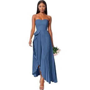 Satin Strapless Bridesmaid Dresses for Women Long A Line Prom Dress with Slit Pleated Wedding Formal Dress in Kuwait