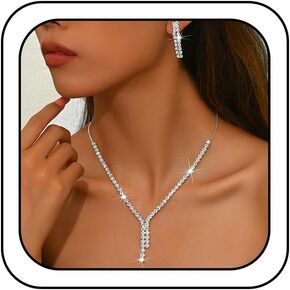 Fashion Silver Sparkly Rhinestone Choker Necklace Earrings for Women Bling Simple Y2k Zircon Long Tassel Stud Earring Necklaces Statement Jewelry Gift in Saudi Arabia
