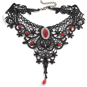 Black Gothic Choker Necklace for Women Lace Collar with Red Crystal Tassel Pendant Punk Vampire Witch Costume Accessories Vintage Goth Jewelry for Halloween Party in Kuwait