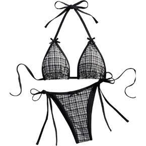 SHENHE Women's Triangle String Bikini Set Gingham Plaid Print Halter Bow Swimsuits 2 Piece in Saudi Arabia