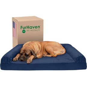 Furhaven Cooling Gel Dog Bed for Medium/Small Dogs w/ Removable Bolsters & Washable Cover, For Dogs Up to 35 lbs - Luxe Faux Fur & Performance Linen Sofa - Woodsmoke, Medium in Kuwait