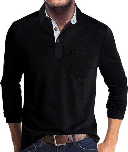 قمصان بولو كاجوال للرجال بأكمام طويلة وأزرار رياضية، وقميص جولف أساسي كلاسيكي، وقمصان سادة مع جيب in Kuwait