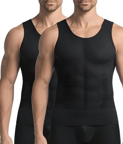 قميص رجالي مكون من قطعتين لتنحيف الجسم وتنحيف البطن وقميص ضغط حراري بدون أكمام لشكل الجسم أسود/أسود in Kuwait
