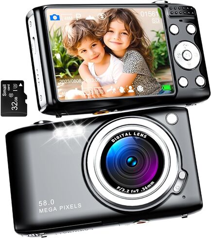 Digital Camera, Autofocus UHD 64MP 4K Camera with Anti-Shake & 18X Digital Zoom, Point and Shoot Digital Cameras has Dual-Lens Design - Ultra-Wide-Angle 120° Lens & Standard 60° Lens with 32GB Card in Kuwait