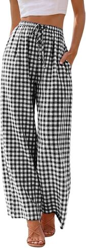 سروال Gingham للسيدات من IDEALSANXUN للربيع والصيف بخصر مطاطي وساق واسعة in Saudi Arabia