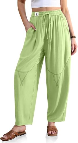 TARSE Womens Linen Harem Pants Wide Leg Barrel Casual Loose Fit Cropped Drawstring Elastic Waist Pants with Pockets in Kuwait