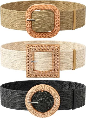 3Pcs Woven Dress Straw Belts for Women Lightweight Handcrafted Natural Straw Elastic Braided Waist Belt Boho Dresses Summer Boho Everyday Casual Outfits Elegant Stylish Trendy in Kuwait