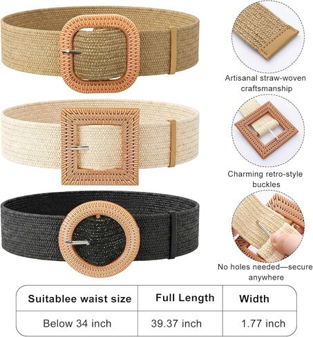 3Pcs Woven Dress Straw Belts for Women Lightweight Handcrafted Natural Straw Elastic Braided Waist Belt Boho Dresses Summer Boho Everyday Casual Outfits Elegant Stylish Trendy in Kuwait