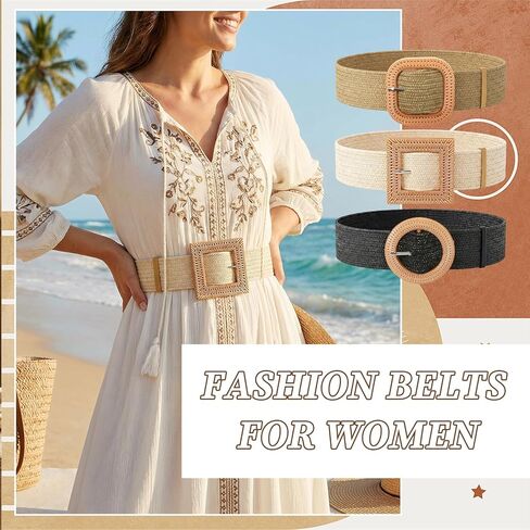 3Pcs Woven Dress Straw Belts for Women Lightweight Handcrafted Natural Straw Elastic Braided Waist Belt Boho Dresses Summer Boho Everyday Casual Outfits Elegant Stylish Trendy in Kuwait