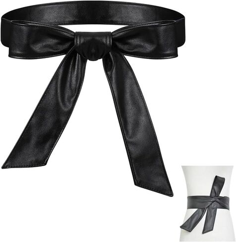 حزام للف النساء من الجلد الأسود حزام Obi للخصر ربطة عنق أنيقة وشاح ناعم من البولي يوريثان لمعطف على شكل ثوب وأحزمة وسترة بعرض 1.8 بوصة وطول 70 بوصة in Kuwait