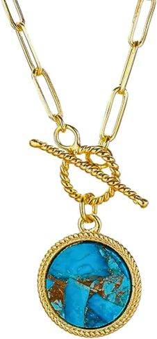 Gempires Gemstone Coin Front Toggle Pendant Necklace for Women with Gold Paperclip Chain, Natural Crystal Pendant with Toggle Clasp, Handcrafted Perfect Jewelry Gift for her in Kuwait
