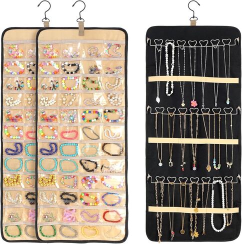 2 حزمة من لفة تخزين منظم المجوهرات المعلقة، مع 96 جيبًا و42 خطافًا للقلادة مقاس 33 بوصة × 14 بوصة وحامل أقراط على الحائط مزدوج الجوانب وحقيبة تخزين كبيرة لسوار العرض لباب الخزانة in Kuwait