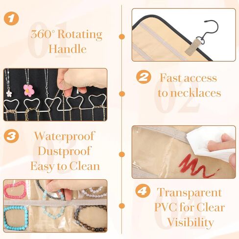 2 حزمة من لفة تخزين منظم المجوهرات المعلقة، مع 96 جيبًا و42 خطافًا للقلادة مقاس 33 بوصة × 14 بوصة وحامل أقراط على الحائط مزدوج الجوانب وحقيبة تخزين كبيرة لسوار العرض لباب الخزانة in Kuwait
