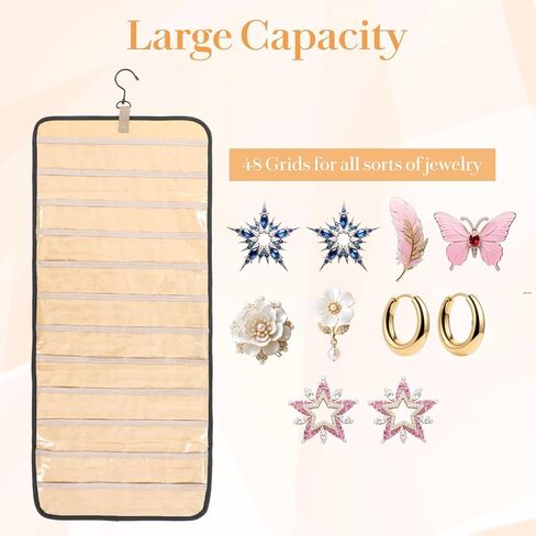 2 حزمة من لفة تخزين منظم المجوهرات المعلقة، مع 96 جيبًا و42 خطافًا للقلادة مقاس 33 بوصة × 14 بوصة وحامل أقراط على الحائط مزدوج الجوانب وحقيبة تخزين كبيرة لسوار العرض لباب الخزانة in Kuwait