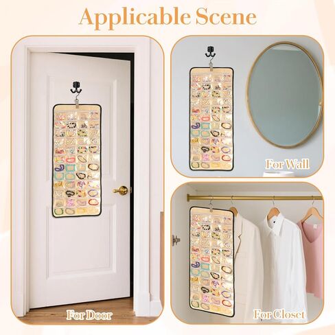 2 حزمة من لفة تخزين منظم المجوهرات المعلقة، مع 96 جيبًا و42 خطافًا للقلادة مقاس 33 بوصة × 14 بوصة وحامل أقراط على الحائط مزدوج الجوانب وحقيبة تخزين كبيرة لسوار العرض لباب الخزانة in Kuwait