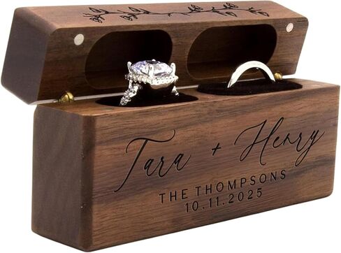 Personalized Wooden Wedding Ring Box. Slim Double Slot Holder for 2 Rings. Custom Wedding Engagement Ring Box. Personalized Walnut Ring Holder For Bride and Groom. Unique Ring Bearer Box (Design 2) in Kuwait