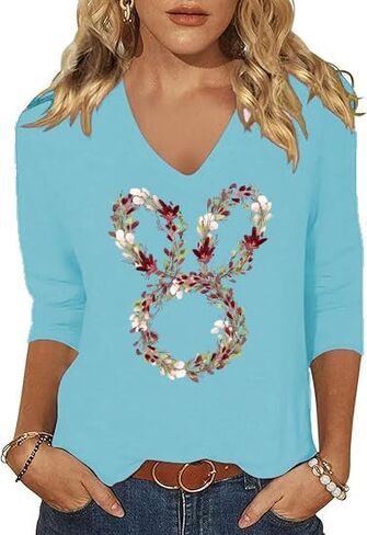 3/4 Sleeve Easter Shirts for Women V Neck Easter Eggs Cute Bunny Graphic Shirts Spring Casual Tops Festival Tee in Saudi Arabia