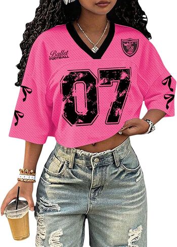 Jersey Shirts for Women Number Print V Neck Mesh Cropped Jersey Y2k Oversized Tshirts Streetwear in Kuwait