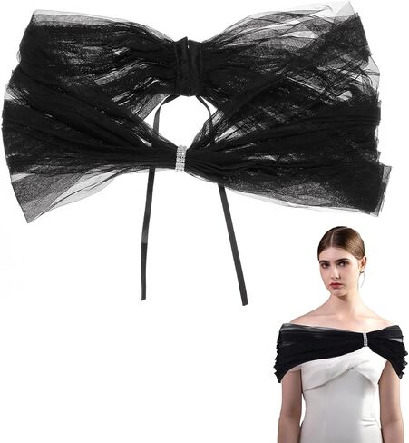 NICENEEDED Bridal Detachable Tulle Shawl, Black Wedding Strapes Puffy Dress Scarf Sleeve Shawls, Removable Shoulders Cover Up Accessory for Wedding Costume in Saudi Arabia