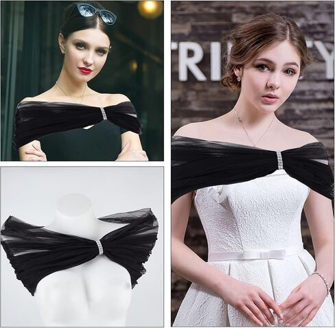 NICENEEDED Bridal Detachable Tulle Shawl, Black Wedding Strapes Puffy Dress Scarf Sleeve Shawls, Removable Shoulders Cover Up Accessory for Wedding Costume in Saudi Arabia