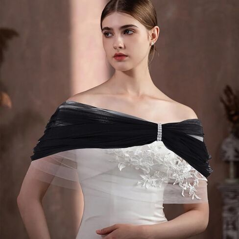 NICENEEDED Bridal Detachable Tulle Shawl, Black Wedding Strapes Puffy Dress Scarf Sleeve Shawls, Removable Shoulders Cover Up Accessory for Wedding Costume in Saudi Arabia