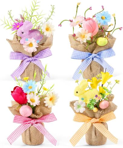 Dlerom 4 Pcs Easter Centerpiece Table Decorations Mini Artificial Easter Potted Plants Arrangement with Flowers Eggs Rabbits for Spring Home Desktop Farmhouse Party Decor in Kuwait