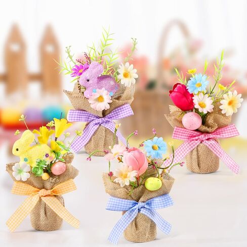 Dlerom 4 Pcs Easter Centerpiece Table Decorations Mini Artificial Easter Potted Plants Arrangement with Flowers Eggs Rabbits for Spring Home Desktop Farmhouse Party Decor in Kuwait