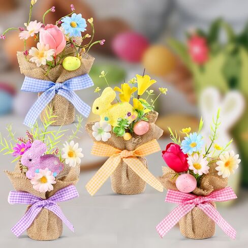 Dlerom 4 Pcs Easter Centerpiece Table Decorations Mini Artificial Easter Potted Plants Arrangement with Flowers Eggs Rabbits for Spring Home Desktop Farmhouse Party Decor in Kuwait