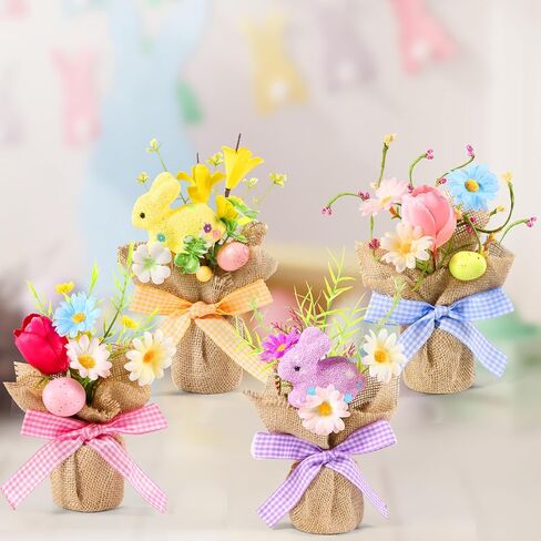 Dlerom 4 Pcs Easter Centerpiece Table Decorations Mini Artificial Easter Potted Plants Arrangement with Flowers Eggs Rabbits for Spring Home Desktop Farmhouse Party Decor in Kuwait