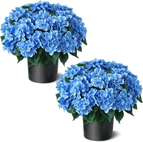 FOTEEWL Artificial Hydrangea Flower Topiary Trees - 2 Sets Faux Silk Flower Potted Plant, UV Resistant Fake Outdoor Hydrangea Bush for Front Door, Farmhouse,Garden, Porch Decor (Blue) in Saudi Arabia