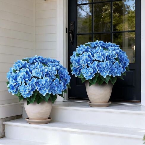 FOTEEWL Artificial Hydrangea Flower Topiary Trees - 2 Sets Faux Silk Flower Potted Plant, UV Resistant Fake Outdoor Hydrangea Bush for Front Door, Farmhouse,Garden, Porch Decor (Blue) in Saudi Arabia