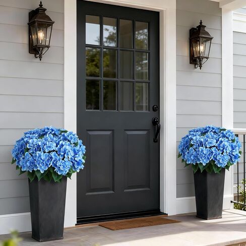 FOTEEWL Artificial Hydrangea Flower Topiary Trees - 2 Sets Faux Silk Flower Potted Plant, UV Resistant Fake Outdoor Hydrangea Bush for Front Door, Farmhouse,Garden, Porch Decor (Blue) in Saudi Arabia