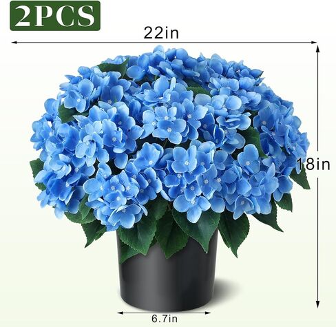 FOTEEWL Artificial Hydrangea Flower Topiary Trees - 2 Sets Faux Silk Flower Potted Plant, UV Resistant Fake Outdoor Hydrangea Bush for Front Door, Farmhouse,Garden, Porch Decor (Blue) in Saudi Arabia