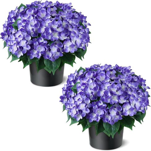 FOTEEWL Artificial Hydrangea Flower Topiary Trees - 2 Sets Faux Silk Flower Potted Plant, UV Resistant Fake Outdoor Hydrangea Bush for Front Door, Farmhouse,Garden, Porch Decor (Blue) in Saudi Arabia