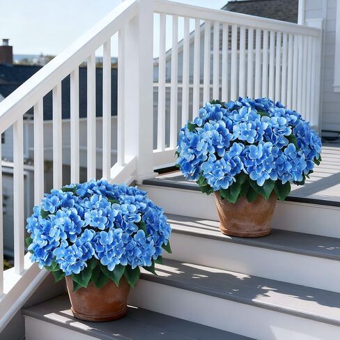 FOTEEWL Artificial Hydrangea Flower Topiary Trees - 2 Sets Faux Silk Flower Potted Plant, UV Resistant Fake Outdoor Hydrangea Bush for Front Door, Farmhouse,Garden, Porch Decor (Blue) in Saudi Arabia