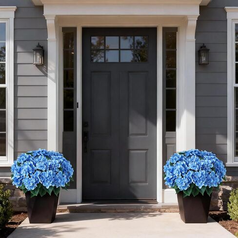 FOTEEWL Artificial Hydrangea Flower Topiary Trees - 2 Sets Faux Silk Flower Potted Plant, UV Resistant Fake Outdoor Hydrangea Bush for Front Door, Farmhouse,Garden, Porch Decor (Blue) in Saudi Arabia