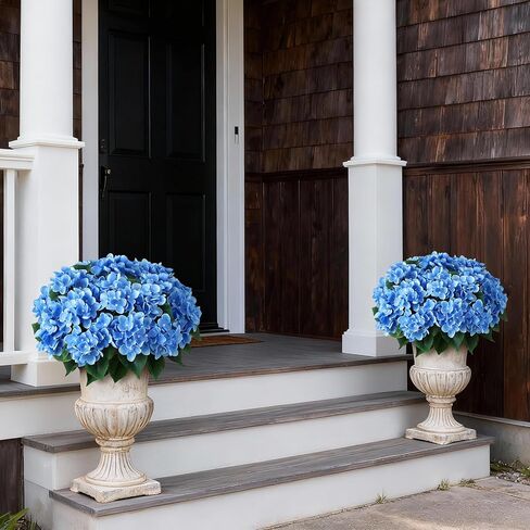 FOTEEWL Artificial Hydrangea Flower Topiary Trees - 2 Sets Faux Silk Flower Potted Plant, UV Resistant Fake Outdoor Hydrangea Bush for Front Door, Farmhouse,Garden, Porch Decor (Blue) in Saudi Arabia
