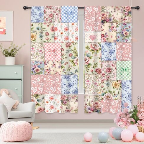 Riyidecor Boho Pink Floral Curtains Shabby Chic Patchwork Vintage Flowers Cute Bohemian Plants Retro Farmhouse Rod Pocket for Women Female Bedroom Living Room Treatment Fabric 2 Panels 42Wx63H Inch in Kuwait
