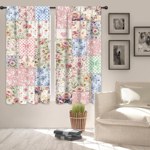 Riyidecor Boho Pink Floral Curtains Shabby Chic Patchwork Vintage Flowers Cute Bohemian Plants Retro Farmhouse Rod Pocket for Women Female Bedroom Living Room Treatment Fabric 2 Panels 42Wx63H Inch in Kuwait