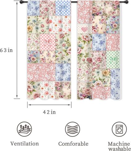Riyidecor Boho Pink Floral Curtains Shabby Chic Patchwork Vintage Flowers Cute Bohemian Plants Retro Farmhouse Rod Pocket for Women Female Bedroom Living Room Treatment Fabric 2 Panels 42Wx63H Inch in Kuwait