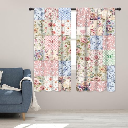 Riyidecor Boho Pink Floral Curtains Shabby Chic Patchwork Vintage Flowers Cute Bohemian Plants Retro Farmhouse Rod Pocket for Women Female Bedroom Living Room Treatment Fabric 2 Panels 42Wx63H Inch in Kuwait