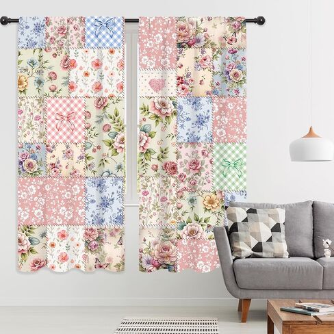 Riyidecor Boho Pink Floral Curtains Shabby Chic Patchwork Vintage Flowers Cute Bohemian Plants Retro Farmhouse Rod Pocket for Women Female Bedroom Living Room Treatment Fabric 2 Panels 42Wx63H Inch in Kuwait
