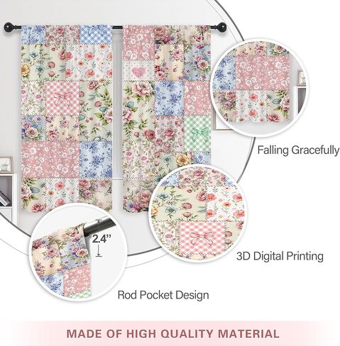 Riyidecor Boho Pink Floral Curtains Shabby Chic Patchwork Vintage Flowers Cute Bohemian Plants Retro Farmhouse Rod Pocket for Women Female Bedroom Living Room Treatment Fabric 2 Panels 42Wx63H Inch in Kuwait