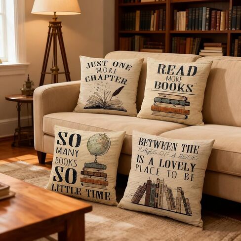 RYKEEN Book Lover Throw Pillow Covers 18x18 Inch，Set of 4 Reading Nook Decorate Pillow Covers Classroom Pillowcase for Kids Reading Room Library Study(18x18 Inch) in Saudi Arabia