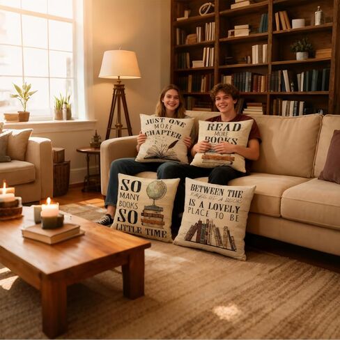 RYKEEN Book Lover Throw Pillow Covers 18x18 Inch，Set of 4 Reading Nook Decorate Pillow Covers Classroom Pillowcase for Kids Reading Room Library Study(18x18 Inch) in Saudi Arabia