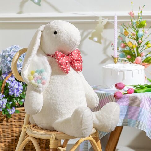 Ashler Bunny Throw Pillow - Soft Faux Rabbit Fur Faux Silk Ears with Colorful Balls, Rabbit Pillow with Polka Dot Bow Tie Spring Deco Pillow for Bedroom Living Room Couch, White, 18x14.5 in in Kuwait